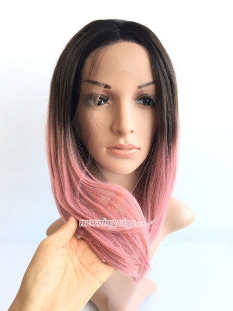 12 inches black pink ombre straight synthetic wig
