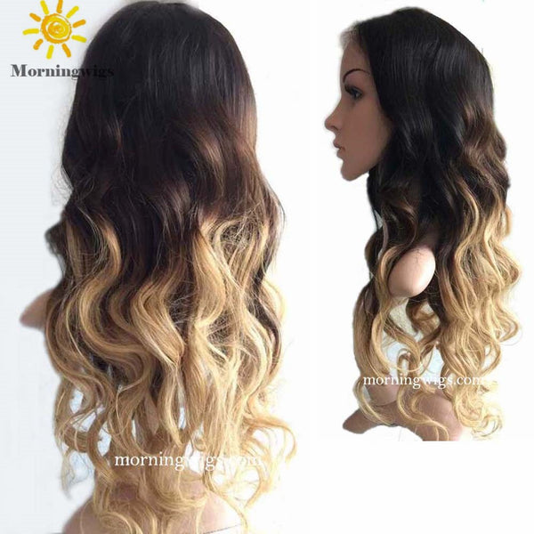 luxry black ombre blonde long body wave human lace wigs