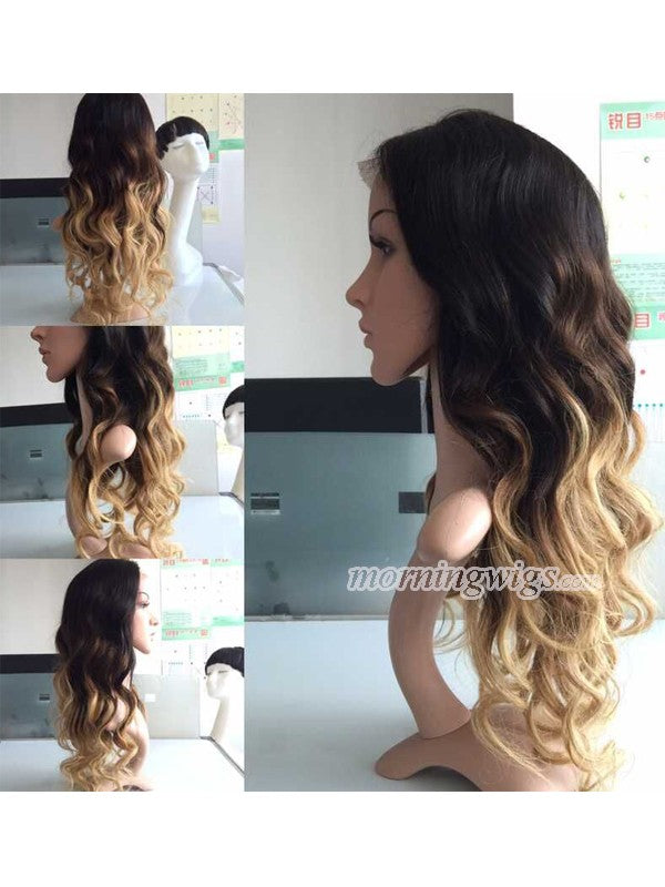 luxry black ombre blonde long body wave human lace wigs