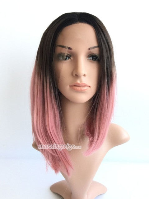 12 inches black pink ombre straight synthetic wig