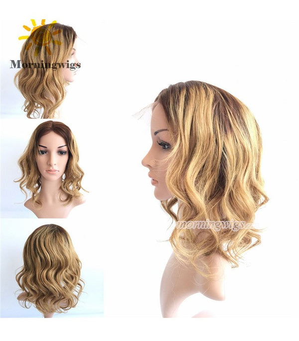 12 inches brown blonde ombre  bodywave full lace wig