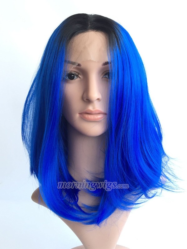 12 inches black ombre blue bobo lace front wigs