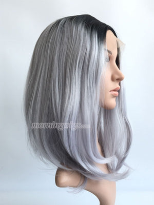 12 inches black ombre gray straight ynthetic lace front wig
