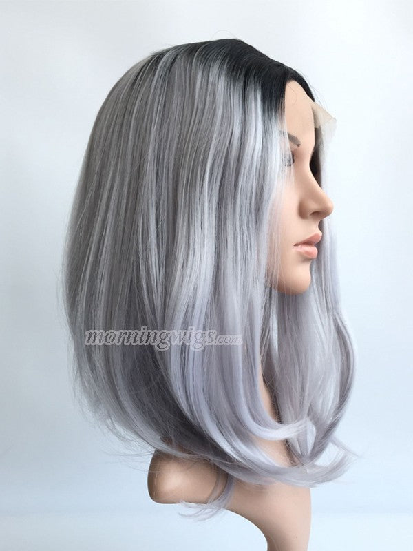 12 inches black ombre gray straight ynthetic lace front wig