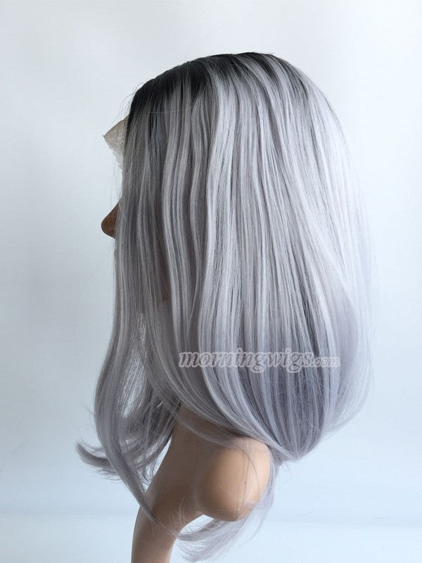12 inches black ombre gray straight ynthetic lace front wig