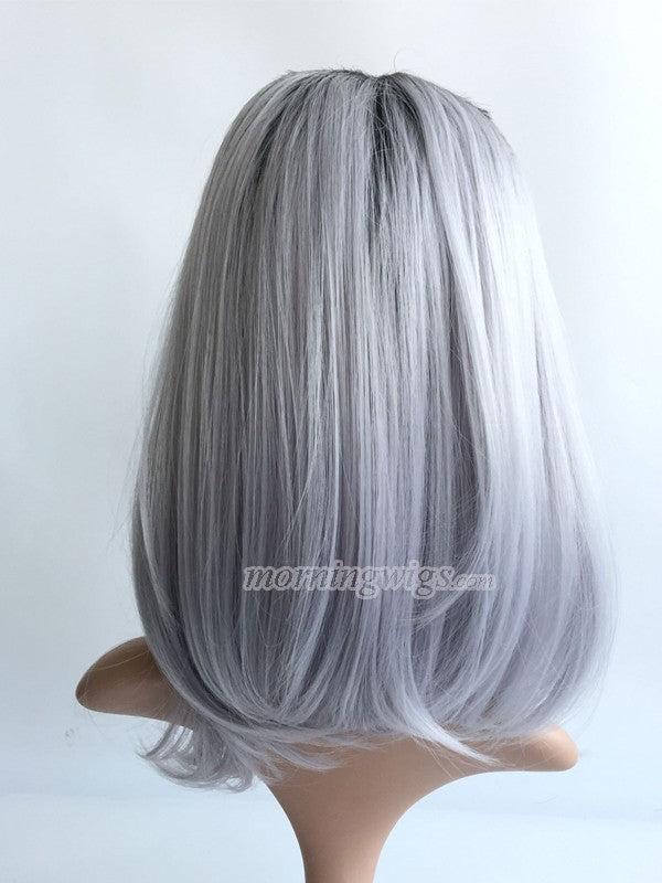 12 inches black ombre gray straight ynthetic lace front wig