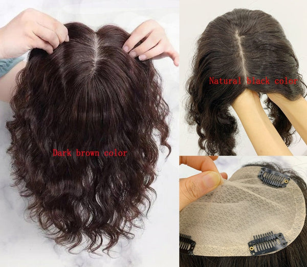 12*13cm (4.7*5.1" inch) full silk based hair topper. Curly style.Black and dark brown color. 10A grade human remy hair toppers.