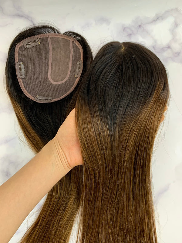 14X15cm Black Omer Brown Human Hair For Volume, Hair Piece For Thinning Hair, Left, Middle, and Right Part Choose