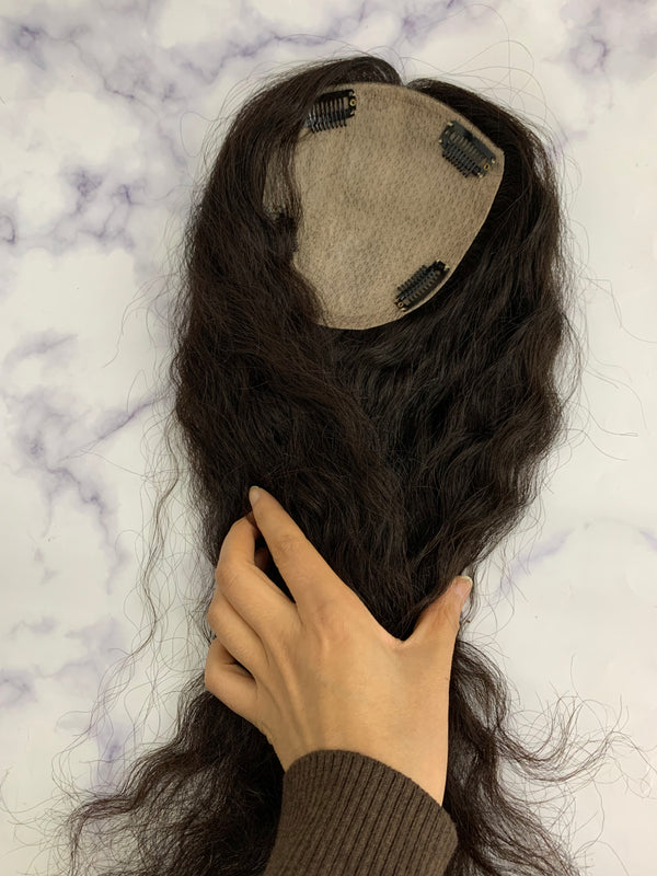 12*13cm (4.7*5.1" inch) full silk based hair topper. Curly style.Black and dark brown color. 10A grade human remy hair toppers.