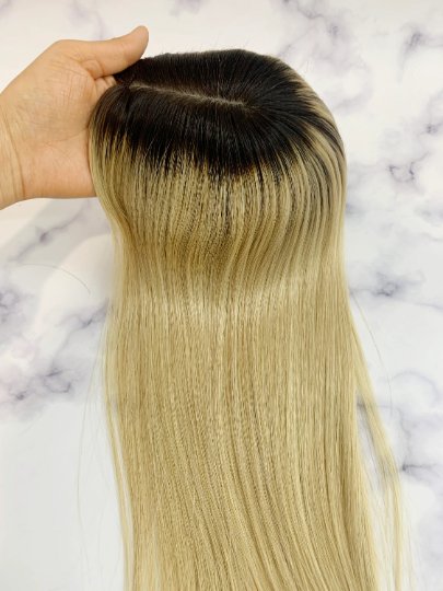 Black ombre Blonde human Hair topper for thinning hair with silk base.thinning hair help.Hair topper for volume.