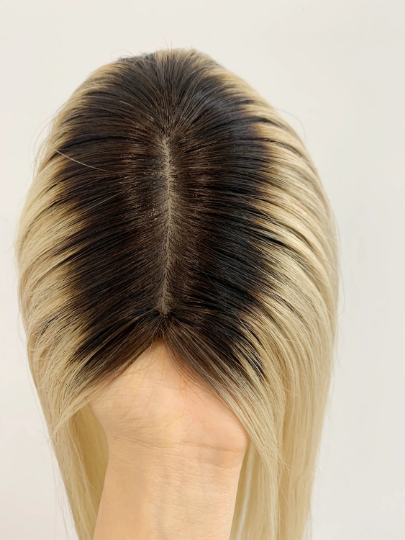 Black ombre Blonde human Hair topper for thinning hair with silk base.thinning hair help.Hair topper for volume.