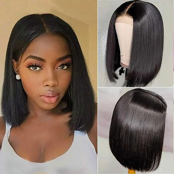 4x4 Lace Closure Wigs Indian Human Hair Pre Plucked Straight Short Bob Remy Wig For Black Women Real Human Hair 180% Density Wig